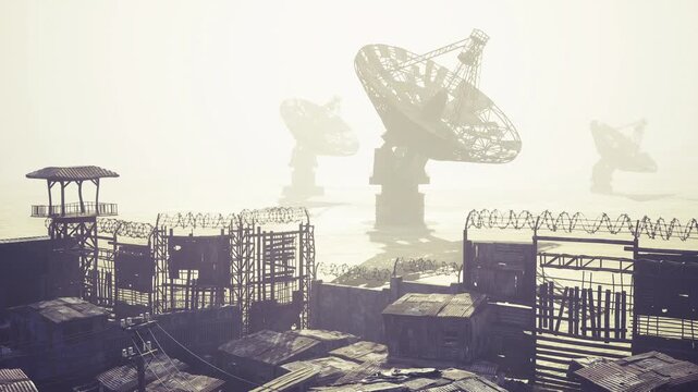 Legacy network of satellite dishes spans skyline and coastal platforms, conveying continuity of communication infrastructure, layered parabolic forms, metallic