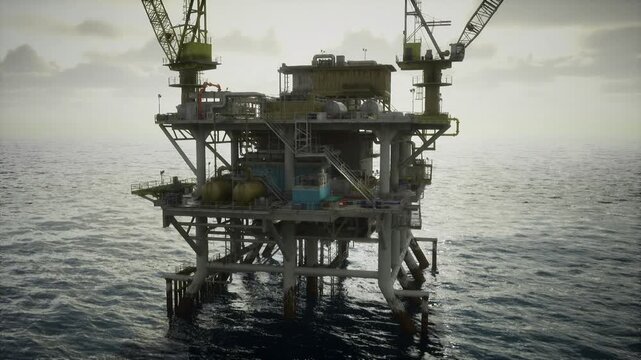 Offshore oil rig platform deck with equipment and crew performing routine tasks under moody light, weathered steel and safety markings visible, restless sea
