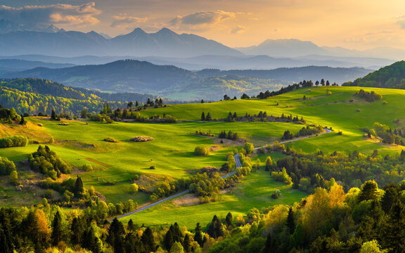 Mountain landscape in the Pieniny National Park at the foot of the Tatra Mountains. Pieniny Park is located on the border of Poland and Slovakia