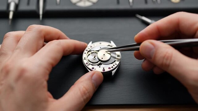 A watchmaker skillfully assembling a delicate mechanical watch movement with tweezers