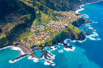Aerial view of Madeira island. Land meets ocean in Seixal, Madeira, Portugal