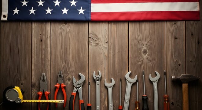 Labor day tools and american flag on wooden background