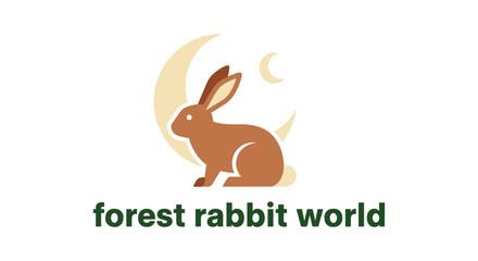 Fototapeta premium Brown rabbit logo on crescent moon with green text on white background for branding