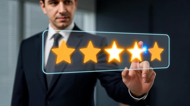 Customer review rating feedback satisfaction evaluation business service quality star user virtual screen digital touch interface professional businessman touching glowing five star and four star