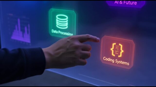 Future technology interface touch screen hand coding programming data digital hologram innovation software development futuristic glass interface automation data processing AI future coding system