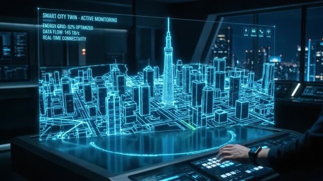 Smart city twin hologram with active monitoring, energy grid optimization, and real time data flow displayed on futuristic holographic interface for urban planning and cityscape technology management