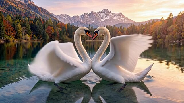Two white swans swim in a crystal clear lake surrounded by mountains and a beautiful mixed forest