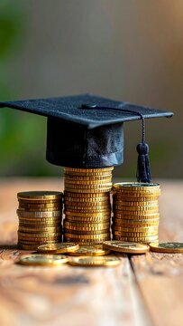 Graduation cap atop stacks of gold coins on a wooden surface