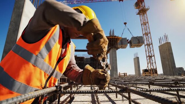 A skilled construction worker wearing safety gear meticulously ties rebar, creating a strong foundation for a new building project under a clear blue sky, emphasizing dedication and precision in urban