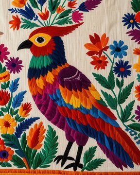 Tenango Fabric Mexico Material Otomi Traditional Embroidery With Colorful Motifs, Bird Macro