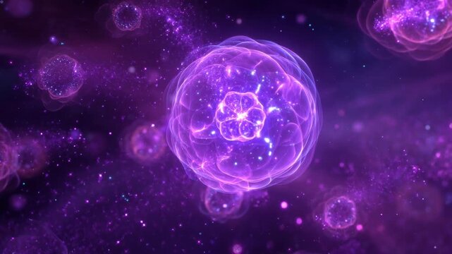 Glowing atom quantum particle purple energy abstract science cosmic background subatomic physics futuristic technology plasma light digital art space nebula mystical swirling abstract atom particle