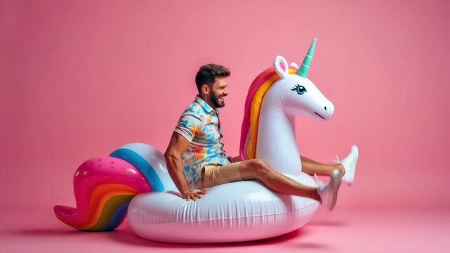 Happy adult man male millennial with beard on colorful inflatable unicorn float against pink background, cheerful playful summer vacation pool leisure, joyful smiling laughing fun holiday joy