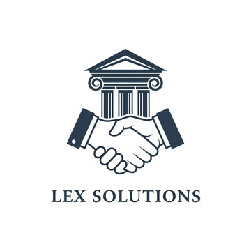 Lex Solutions logo with handshake and ancient column building, representing legal partnership and agreement, isolated white background.
