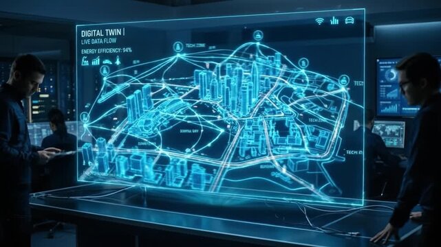 Digital twin smart city holographic display energy efficiency futuristic technology data flow urban planning 3D map interface digital model innovation cityscape network connectivity smart grid