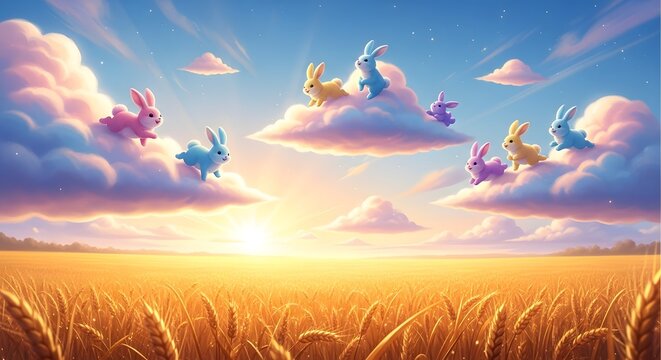 Whimsical unicorns dancing in a golden field at sunset