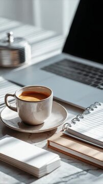 Coffee cup on a saucer placed next to a laptop and notepad on a marble desk with sunlight casting shadows across the workspace, creating a warm and inviting atmosphere