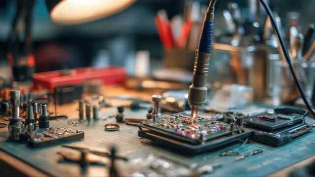 Technician using soldering iron to repair electronic circuit board on workbench, surrounded by tools and components in a well-lit workshop environment