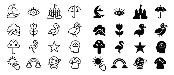 Obraz premium Black and White Icon Collection with Nature, Animals, and Fun Objects