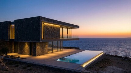 Fototapeta premium A modern stone villa with an infinity pool overlooking the sea at sunset in a coastal landscape
