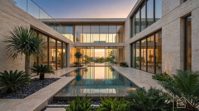 A contemporary luxury villa courtyard featuring a central swimming pool and travertine stonework