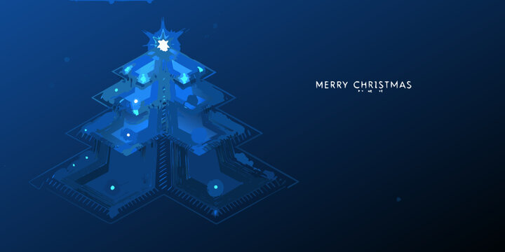 Abstract blue christmas tree with glowing lights against a dark background