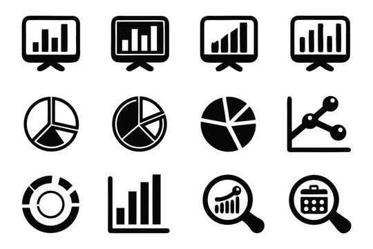 Black and white set of business and finance charts and graphs on transparent background