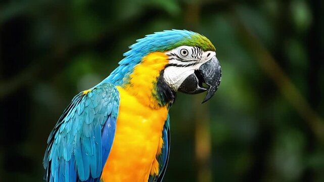 Blue and yellow macaw parrot perched on mossy tree branch in tropical rainforest jungle with vibrant feathers and dark green foliage background
