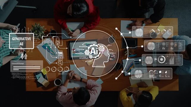 A diverse team collaborates in a modern workspace, exploring generative AI concepts. The scene features digital interfaces, fostering creativity and innovation. Raster