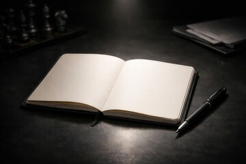 Fototapeta premium Open notebook with blank pages and pen on dark desk, ideal for creative concepts