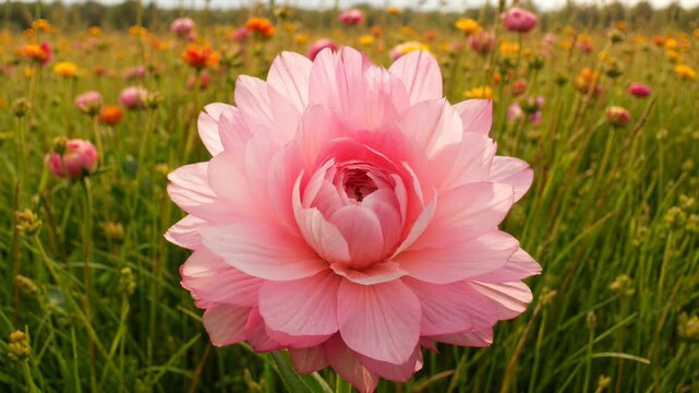 Macro shot of a beautiful pink Persian buttercup blooming in a sunny field of wildflowers, soft warm light highlighting delicate petals in a peaceful summer garden meadow.