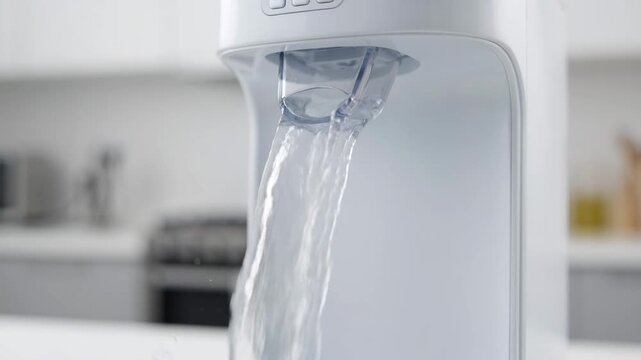 Close up of fresh filtered water dispensing from a water purifier system