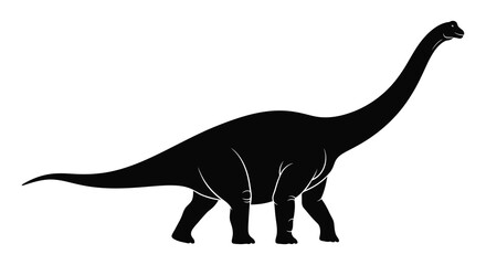 A striking black silhouette of a long necked brachiosaurus dinosaur stands prominently against a white background silhouette high quality professional detailed modern © CreativeAlim02