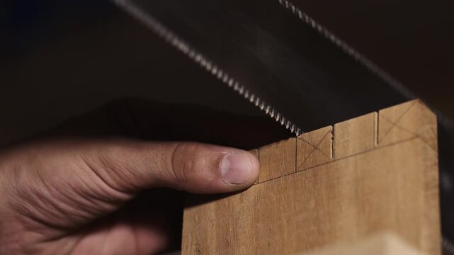 Close-up of a carpenter cutting a wooden joint with a Japanese pull saw. Traditional woodworking technique and craftsmanship in a workshop