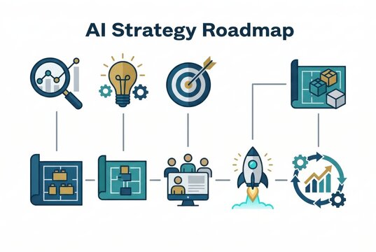Strategic Visualization of Artificial Intelligence Roadmap Highlighting Analyzing, Brainstorming, Targeting, Collaboration, Innovation, Execution, and Optimization in an Evolving Business