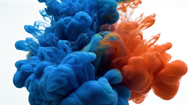 A vibrant artistic visualization shows swirling blue and orange ink clouds diffusing in water, symbolizing motion, contrast, fluid dynamics, and the beauty of color interaction.