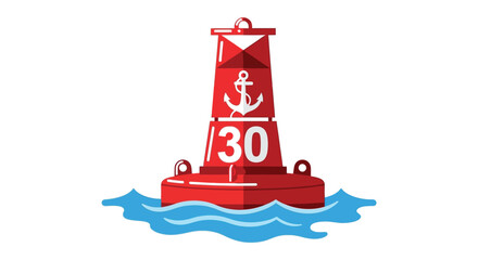 A vibrant red and white lighthouse buoy floats on blue waves prominently displaying the number thirty silhouette high quality professional detailed © CreativeAlim02