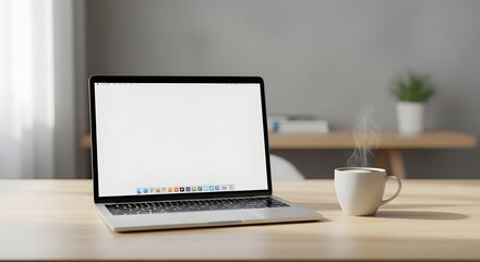Fototapeta premium Laptop on a wooden desk with a cup of coffee in a modern home office setting with blurred background