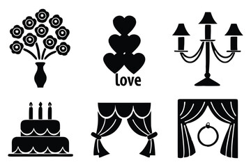 Naklejka premium Black and white set with flowers vase love hearts chandelier cake and curtains