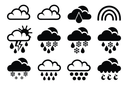 Black and white weather set with various meteorological symbols in monochrome line style