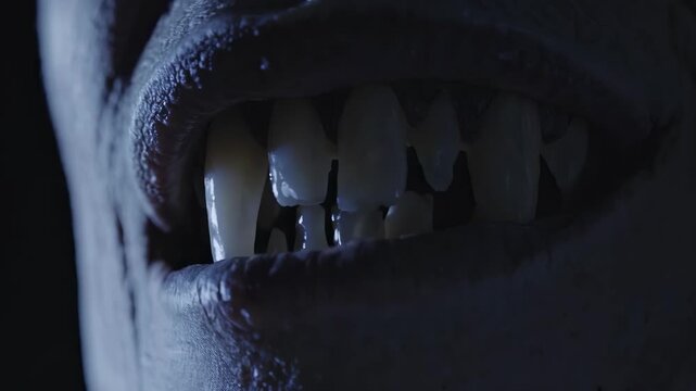 Fanged vampire mouth opens slowly. Closeup shows sharp fang and tooth detail. Low light creates dark horror vibe. Monster bite threat implied. Glossy enamel texture visible under cold blue light.