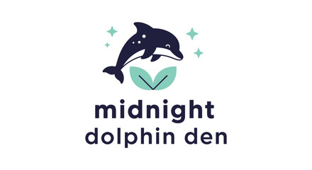 Fototapeta premium Midnight dolphin jumping over green leaf logo in dark blue and teal colors for business branding