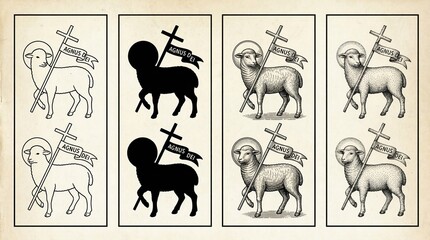 Fototapeta premium A collection of eight agnus dei religious symbols featuring a lamb carrying a cross and banner