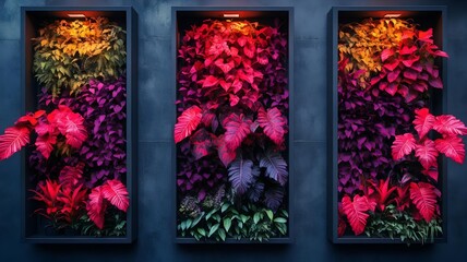 modern architectural wall with red and purple tropical plants in geometric frames.  contemporary urban jungle design, eco-friendly architecture