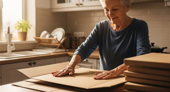 Focused Elderly Lady Folding Cardboard Boxes for Packaging and Organization in a Cozy Domestic Setting