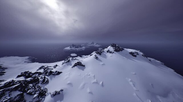 snow covered coastal plateau bathed in soft diffuse light, flat snowfields punctuated by dark rocks, restrained palette and spacious quiet ideal for mindful