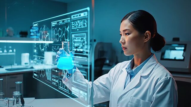 Asian female scientist holding glass flask with blue liquid and analyzing digital holographic display data in futuristic medical laboratory