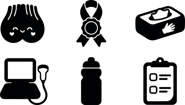 Flat design happy testicles character ribbon award box of tissues hand ultrasound machine water bottle clipboard checklist icons