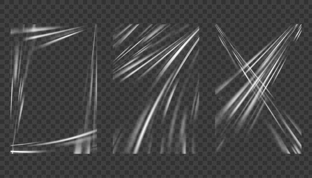 Transparent plastic wrap with realistic wrinkles with glossy overlay effect. Clear film texture perfect for modern packaging mockups and creative designs. Vector illustration