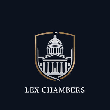 Lex Chambers Logo with Shield and Classical Government Building on Dark Background