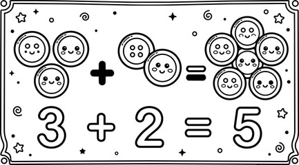 Obraz premium Cute kawaii style smiling buttons math addition illustration with numbers three plus two equals five in black and white